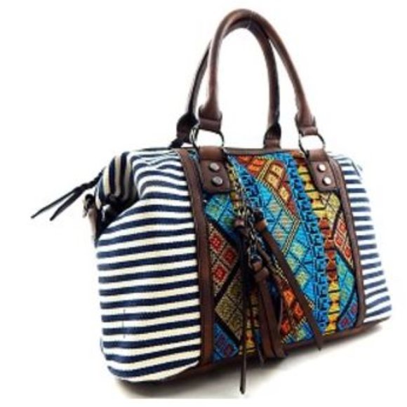 Aztec & Stripe Print Boston Satchel - Picture 2 of 4